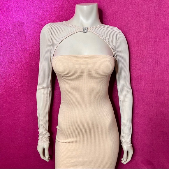 SOLD/Nude Mesh Sleeve Detail Dress with Diamond Brooch Ribbed Bodycon Dress - Picture 7 of 16